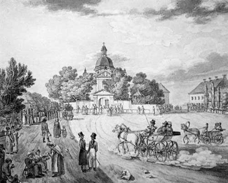 Antoniuskirche in Warschau, Stich von Aleksander Majerski, 1818